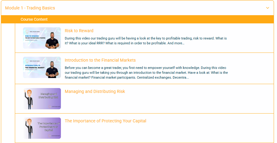 Nebula Trading Basics module with its lesson list expanded