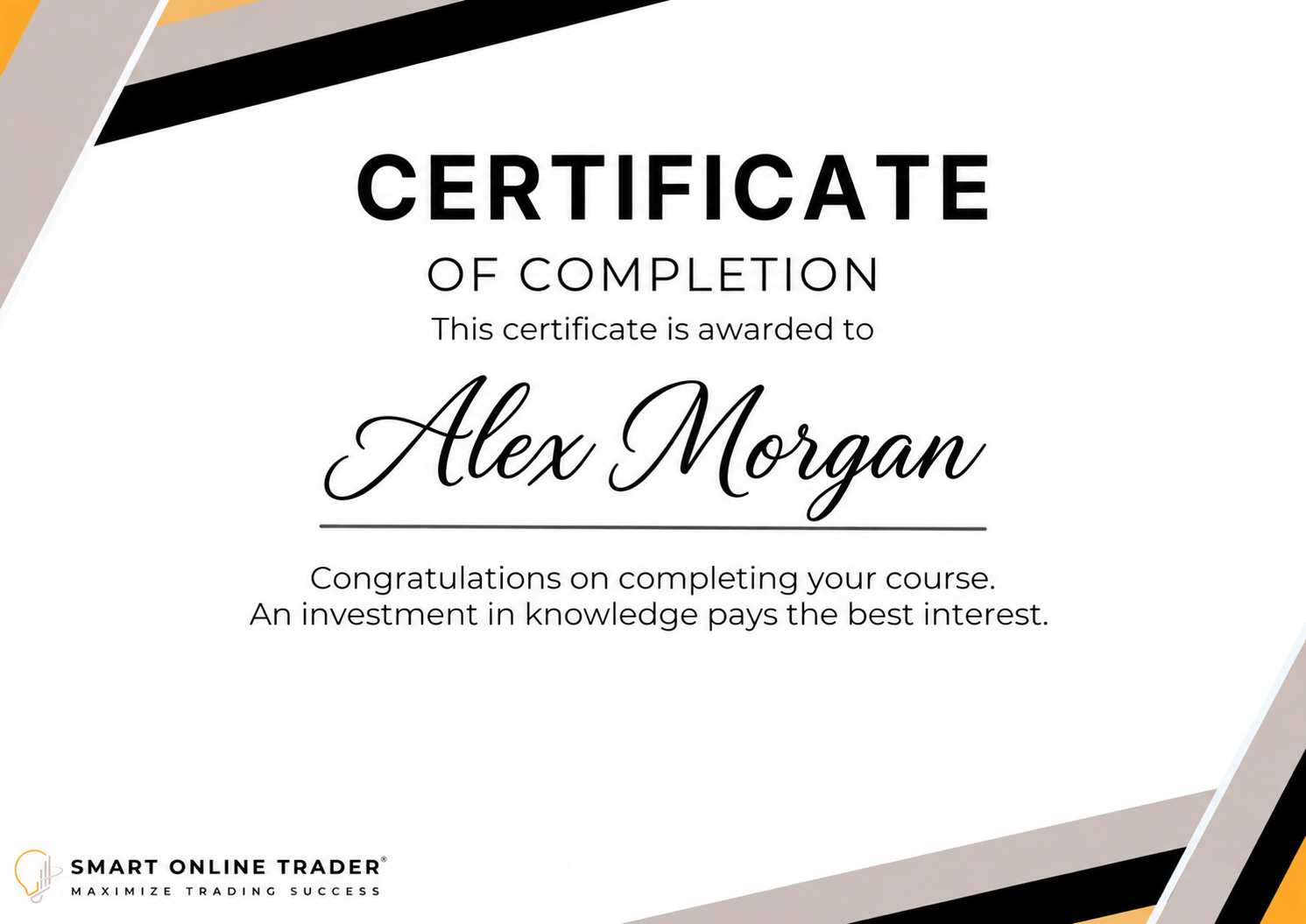 Approved sample certificate of completion awarded to Alex Morgan