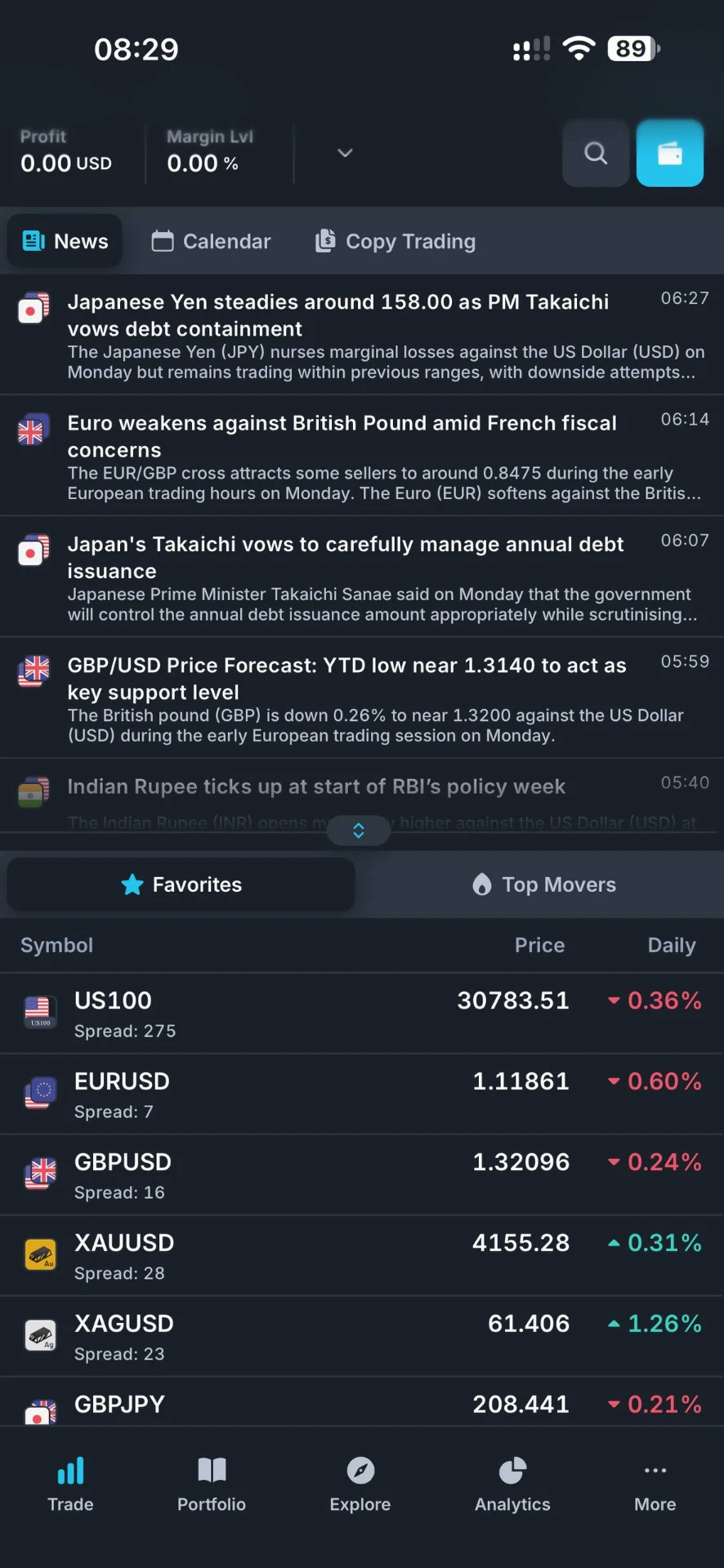 MetaTrader 5 mobile app showing the market news feed and top movers