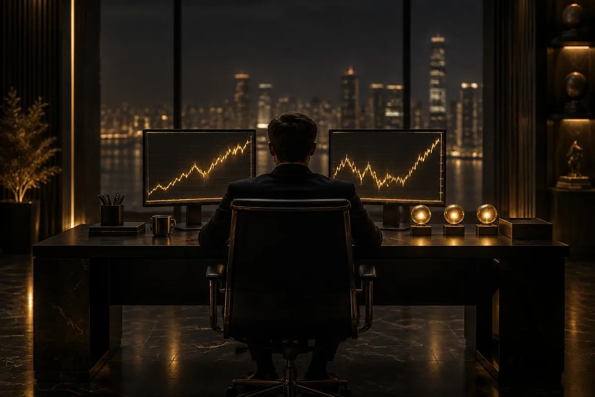 A person at a trading workstation with gold-lit charts and three glowing milestones on the desk