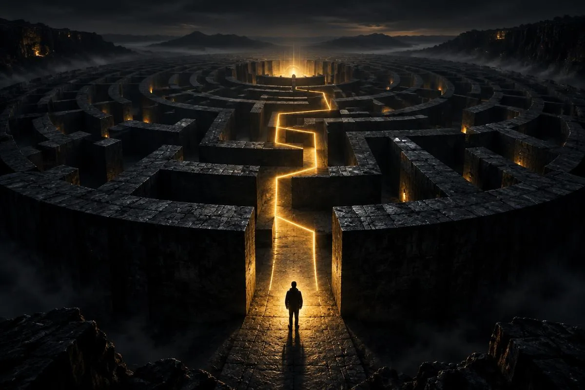 A lone person at the entrance of a dark maze with a glowing gold path leading forward