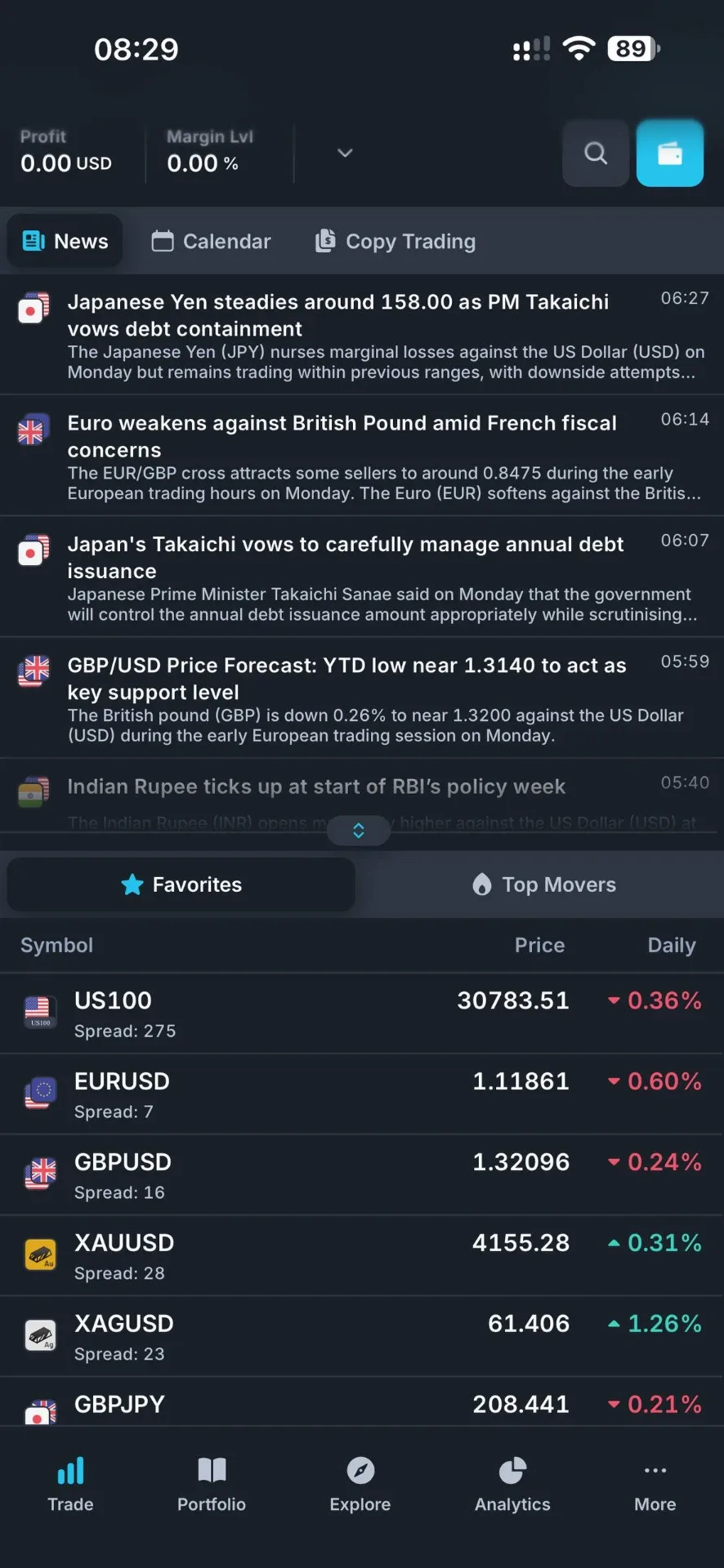 MetaTrader 5 mobile app showing the market news feed and top movers