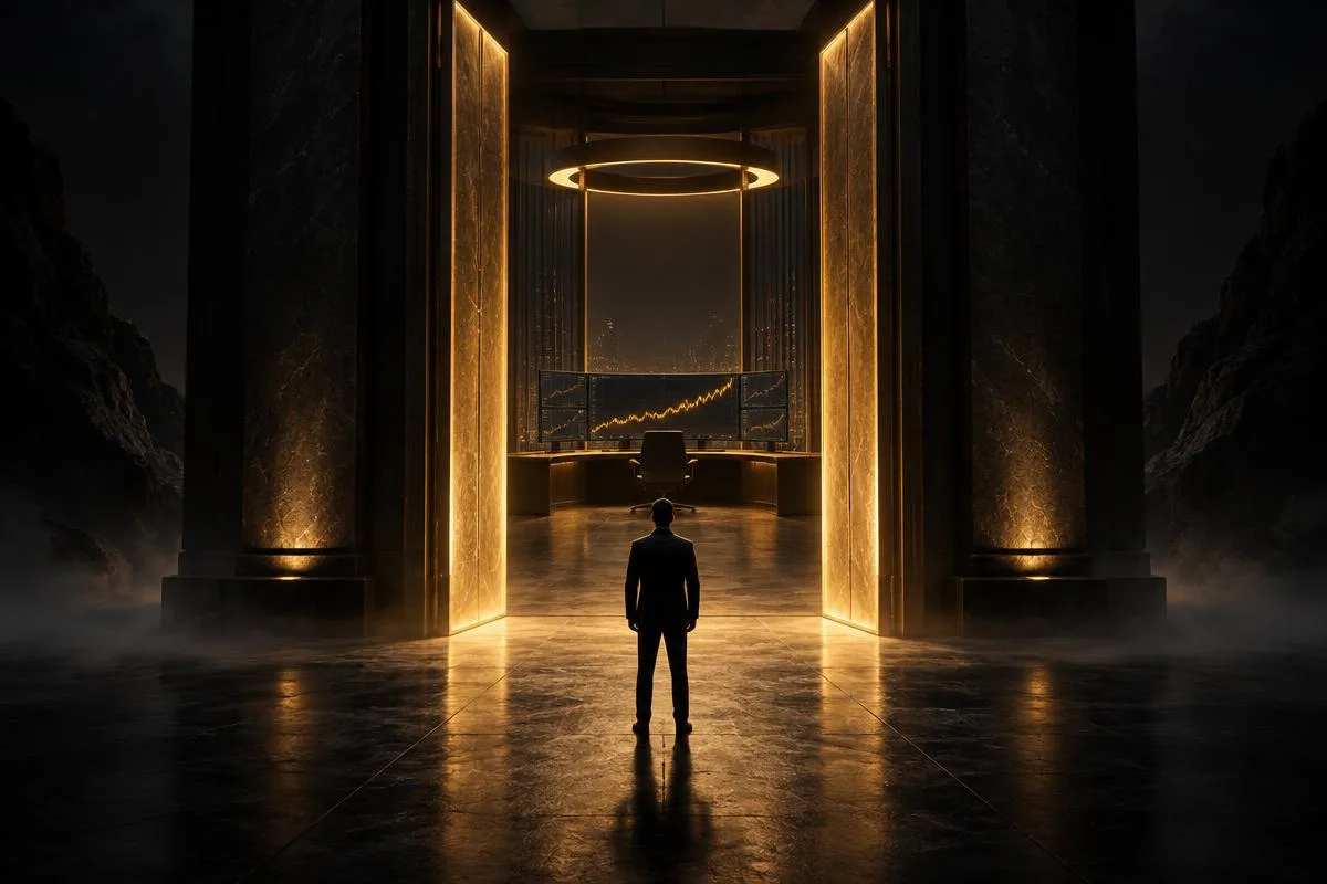 A person standing before an open gold gateway leading to a trading workstation