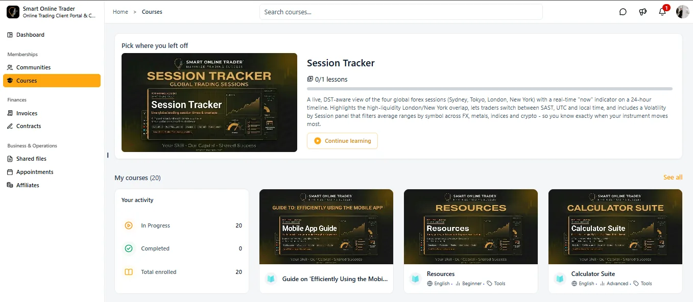 Smart Online Trader Hub courses view