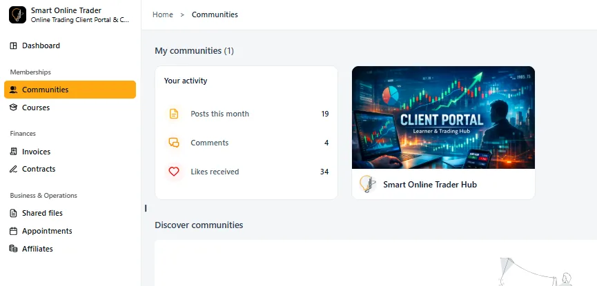 The Hub client portal dashboard with communities, courses, invoices, contracts and account tools