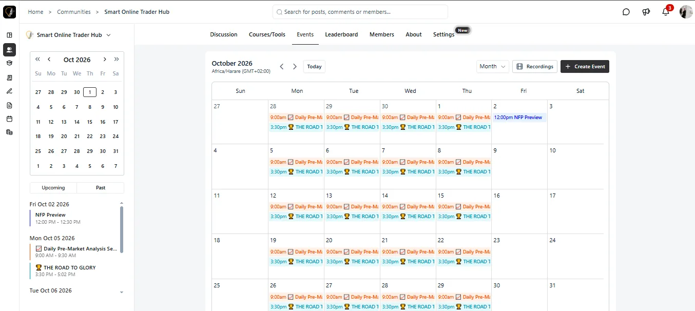 The Hub events calendar showing daily pre-market analysis sessions, NFP previews and The Road to Glory sessions across October