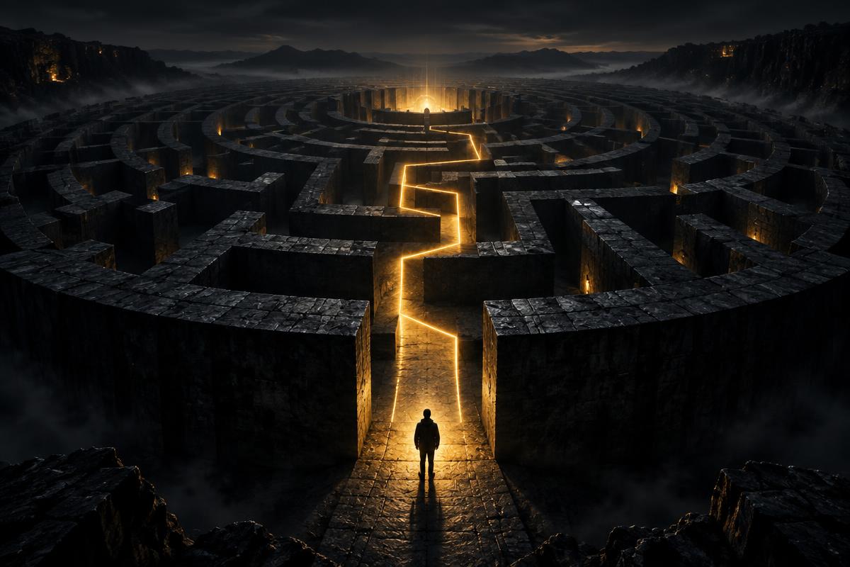 An illuminated path through a maze