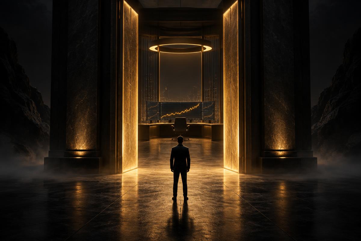 An illuminated gateway towards a trading workspace