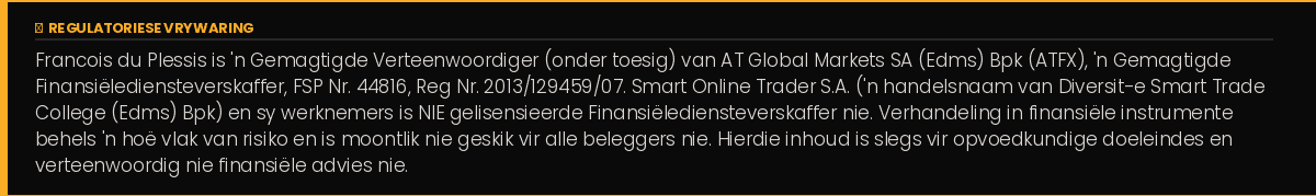 Smart Online Trader: Regulatory warning banner in Afrikaans noting that listed persons/organizations do not provide financial advice and that trading carries risk.