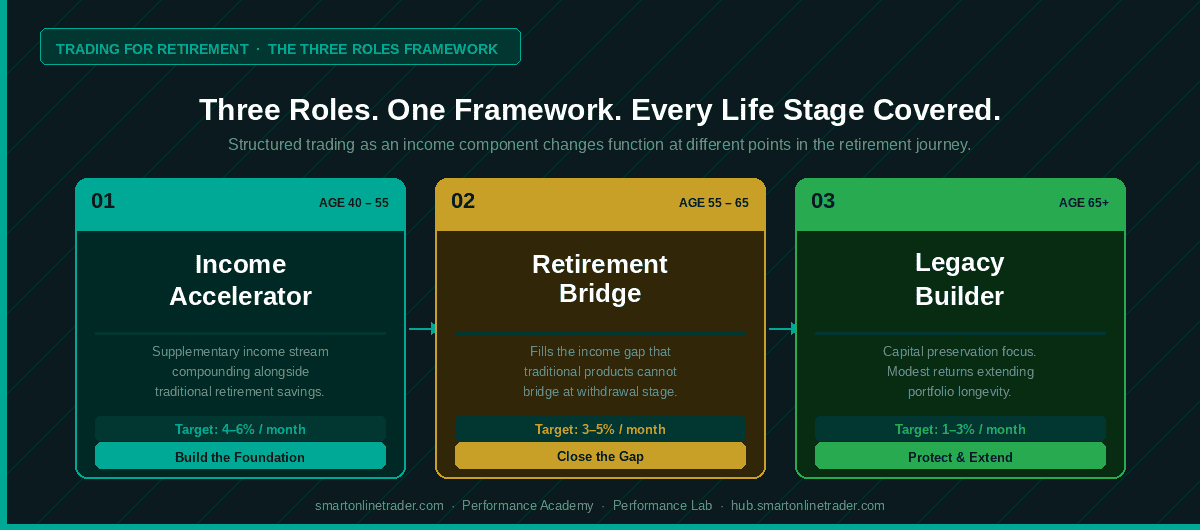 Trading for retirement three roles - income accelerator retirement bridge legacy builder